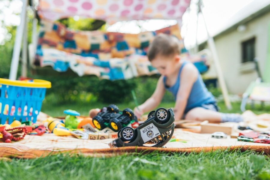 Family backyard lawn wooden deck toys