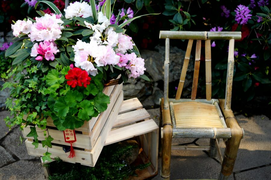 Front porch containers flowers chair