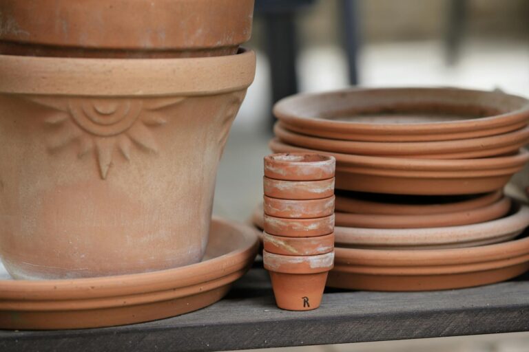 Terracotta metal plant containers patio grouping