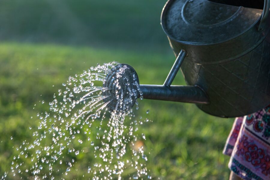 water pouring on gray steel watering can
